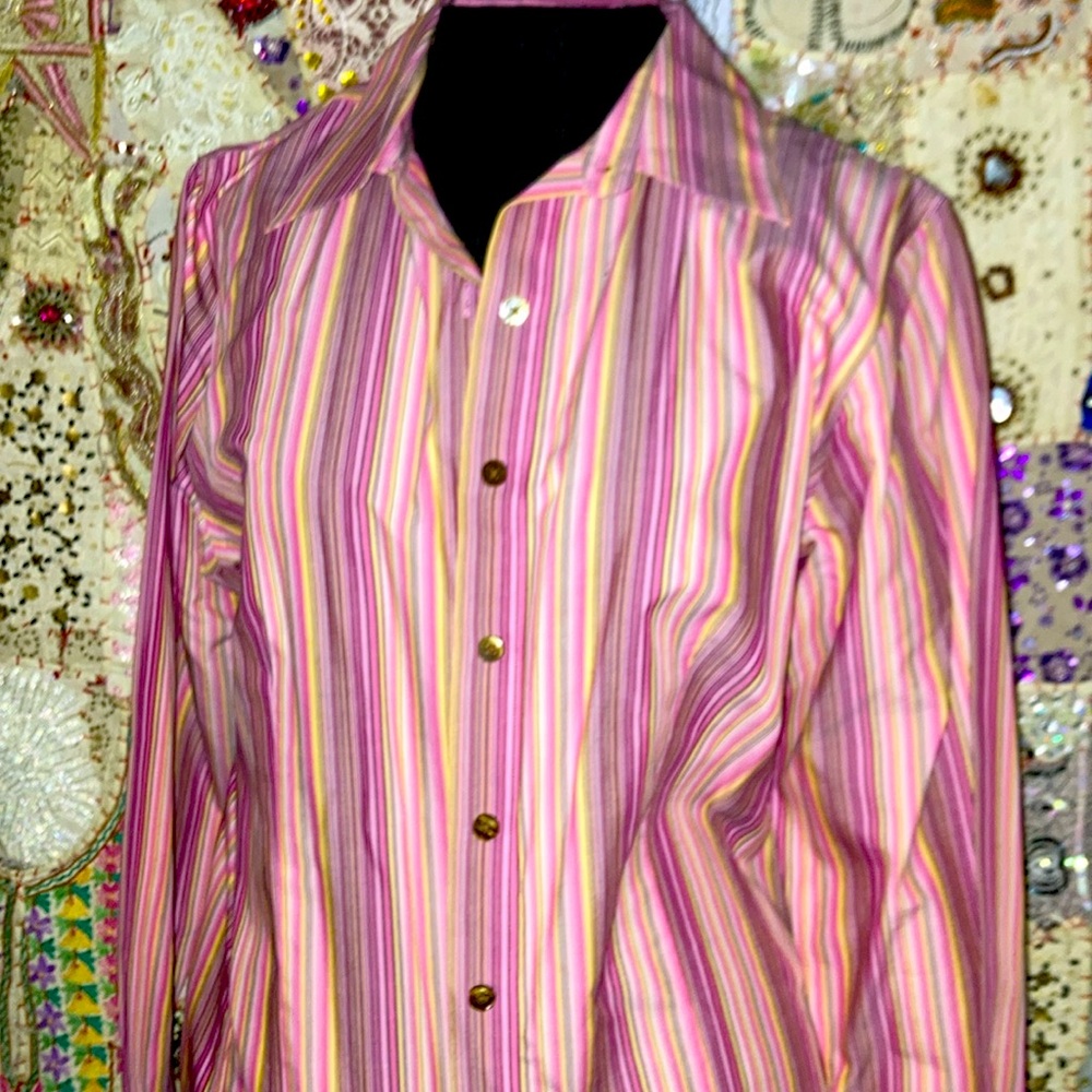 Multi Colored Stripped 7 Button Collard 100% Cott… - image 1